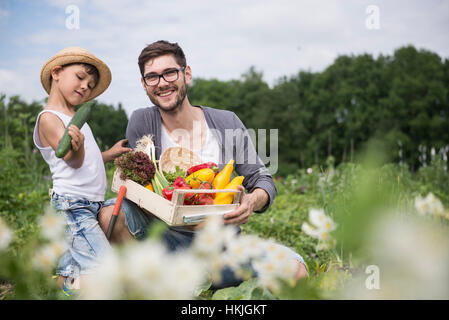 Mid adult man with his son harvesting vegetables in community garden, Bavaria, Germany Stock Photo