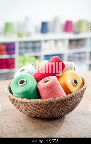 Group of multicolor reels of sewing thread, Bavaria, Germany Stock Photo