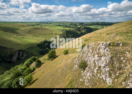 Beautiful summer day in the White Peak area of the Peak District national park, Derbyshire. View from hilltop above Dovedale. Stock Photo
