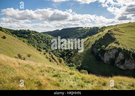 High view of Dove Dale in the Peak District national park, England. Looking down the valley from near Milldale, Staffordshire. Stock Photo