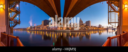 Panoramic image of the Saint Paul Minnesota skyline from under the Wabasha Street bridge. Stock Photo