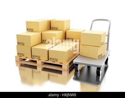 3d illustration. Cardboard boxes on pallet.  Delivery and transportation package concept. Isolated white background Stock Photo