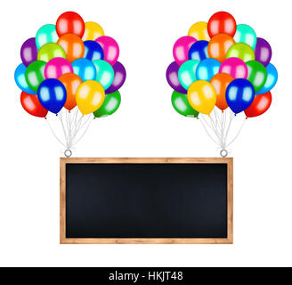 bunch of colorful balloons carry flying billboard chalkboard isolated on white background Stock Photo