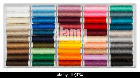 box with colorful sewing cottons spools isolated on white background Stock Photo