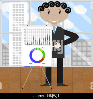 Presentation graphics and charts. Business man shows company annual results in graphic. Vector illustration Stock Photo