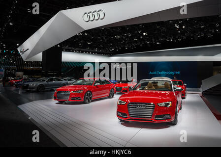 Detroit, MI, USA - January 12, 2016: Audi exhibit at the North American International Auto Show (NAIAS). Stock Photo