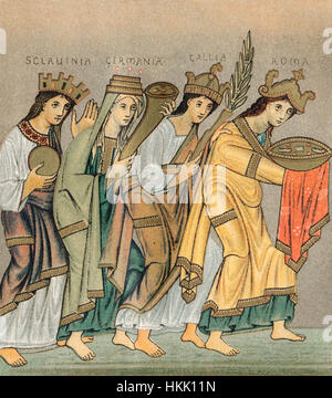 Female personifications of Sclavinia, Germany, Gaul and Rome bringing gifts to Otto III., the Gospels of Otto III, a late 10th or early 11th century i Stock Photo