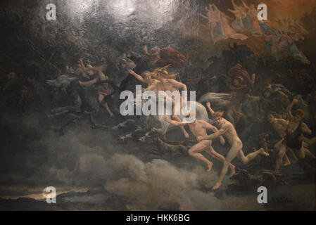 'The Wild Hunt of Odin' by Arbo depicts the mythical Nordic legend of Odin leading a supernatural hunt, capturing the mystical and powerful atmosphere of the ancient myth. Stock Photo