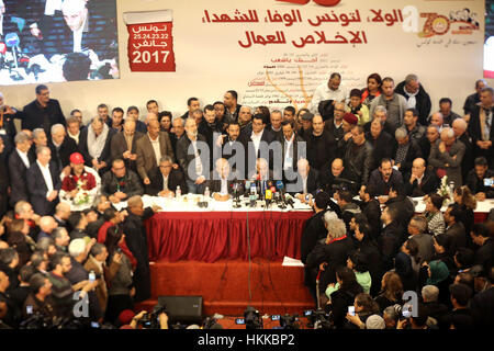 Houcine Abbasi ex-general secratary of the UGTT and the president of the 23rd congress of the Labor Union (UGTT) annouce the result of the new excutive office of the UGTT where NourEddine Tabboubi win the election  .Tunisia, 26 January 2017. Taboubi was elected as the new general secretary of the UGTT, after the work of the 23rd congress of the trade union center. Stock Photo