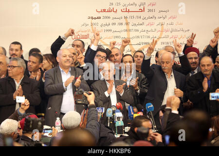 Houcine Abbasi ex-general secratary of the UGTT and the president of the 23rd congress of the Labor Union (UGTT) annouce the result of the new excutive office of the UGTT where NourEddine Tabboubi win the election  .Tunisia, 26 January 2017. Taboubi was elected as the new general secretary of the UGTT, after the work of the 23rd congress of the trade union center. Stock Photo