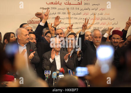 Houcine Abbasi ex-general secratary of the UGTT and the president of the 23rd congress of the Labor Union (UGTT) annouce the result of the new excutive office of the UGTT where NourEddine Tabboubi win the election  .Tunisia, 26 January 2017. Taboubi was elected as the new general secretary of the UGTT, after the work of the 23rd congress of the trade union center. Stock Photo