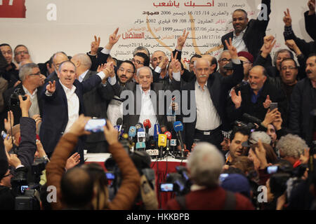 Houcine Abbasi ex-general secratary of the UGTT and the president of the 23rd congress of the Labor Union (UGTT) annouce the result of the new excutive office of the UGTT where NourEddine Tabboubi win the election  .Tunisia, 26 January 2017. Taboubi was elected as the new general secretary of the UGTT, after the work of the 23rd congress of the trade union center. Stock Photo