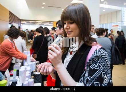 Toronto, Canada. 28th Jan, 2017. A woman smells the tea during the 2017 Toronto Tea Festival, featuring tea tastings, tea ceremonies and tea-related products, the two-day event is expected to draw thousands of tea enthusiasts in Toronto. Credit: Zou Zheng/Xinhua/Alamy Live News Stock Photo