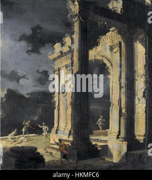 An architectural capriccio with figures amongst ruins under a stormy night sky, oil on canvas painting by Leonardo Coccorante Stock Photo