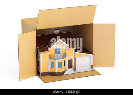 Household moving services concept. Parcel with home, 3D rendering isolated on white background Stock Photo