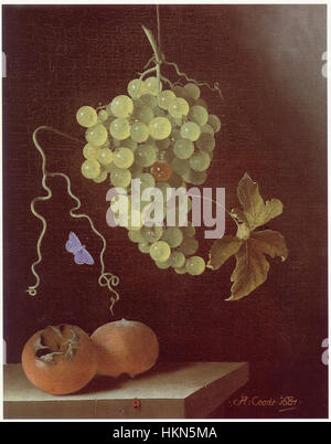 Adriaen Coorte - Still life with hanging bunch of grapes, two medlars and a butterfly Stock Photo