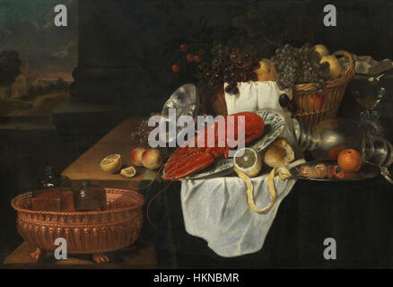 Andries Benedetti - Still life with lobster, fruit and dishes Stock Photo