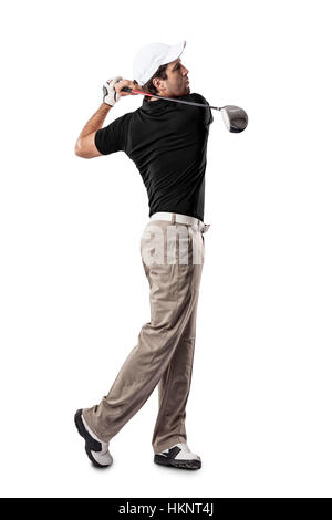 Golf Player in a black shirt taking a swing, on a white Background.