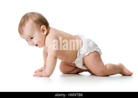 Cute baby child crawling isolated on white background Stock Photo