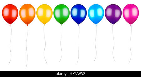 row of colorful balloons with string cord isolated on white background Stock Photo