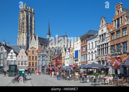 MECHELEN - SEPTEMBER 4: Grote markt and St. Rumbold's cathedral Sepetember 4, 2013 in Mechelen, Belgium. Stock Photo