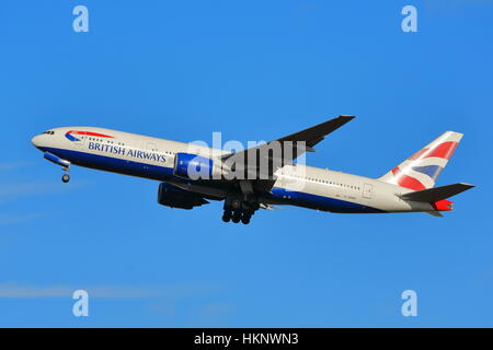 British Airways Boeing 777-200ER G-YMMG departing from London Heathrow Airport, UK Stock Photo