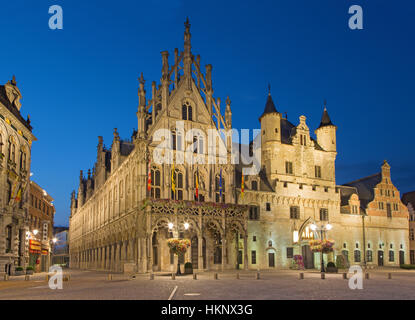 MECHELEN - SEPTEMBER 4: Grote markt and town hall in evenig dusk on Sepetember 4, 2013 in Mechelen, Belgium. Stock Photo