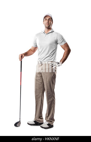 Golf Player in a white shirt standing on a white Background. Stock Photo