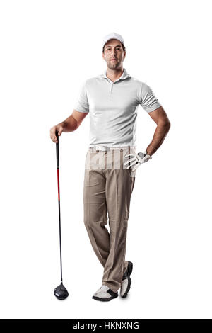 Golf Player in a white shirt standing on a white Background. Stock Photo