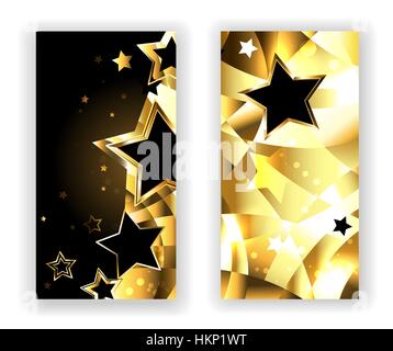 Two banners with gold stars and golden texture. Design with gold stars. Stock Vector