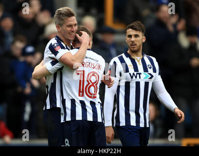 Millwall's Steve Morison celebrates scoring his side's first goal of the game during the Emirates FA Cup, Fourth Round match at The Den, London. Stock Photo