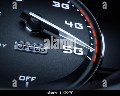 Wireless network speed concept, speedometer 5G evolution. 3d rendering Stock Photo