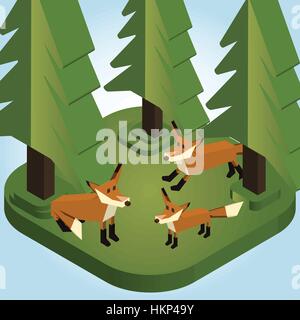 Foxes in a Pine Forest Isometric Style - Vector Illustration Stock Vector