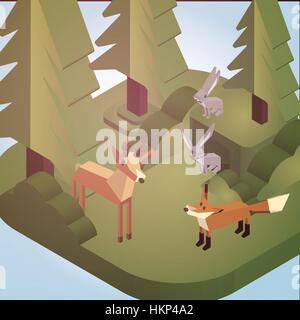 Pine Forest Scene with Deer, Fox, and Rabbit Isometric Style - Vector Illustration Stock Vector