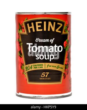 A tin of Heinz tomato soup on a white background. Stock Photo