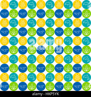 World Wildlife Day tileable background. design element, seamless pattern with with symbols of plants and animals. Green leaves, dolphin, bird and beet Stock Photo