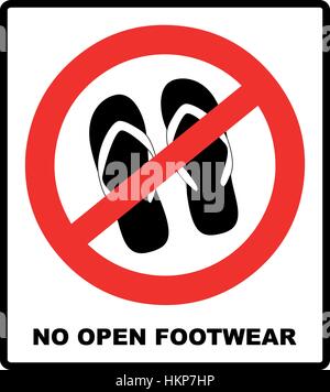 Warning banner of no sandals, thongs or open footwear. No slipper red prohibition circle icon on white background. Not allowed shoe symbol. Forbidden  Stock Vector