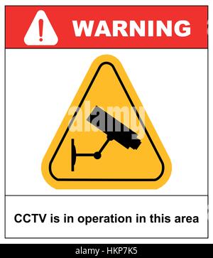 CCTV in Operation sign - Security camera in yellow triangle isolated on white background. Vector illustration. Warning symbol for public places Stock Vector