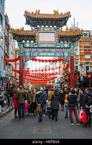 A pagoda spans the road at the entrance to Chinatown in London. Stock Photo