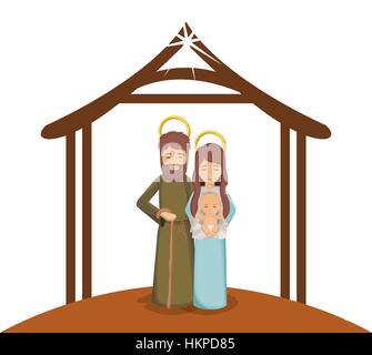 colorful image with saint joseph and virgin mary with baby in arms under manger vector illustration Stock Vector