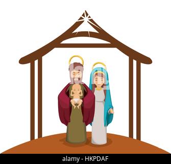 colorful image with virgin mary and saint joseph with baby in arms under manger vector illustration Stock Vector