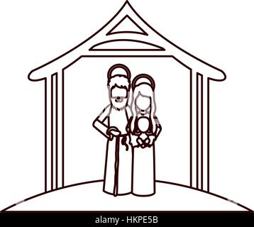 monochrome contour with saint joseph and virgin mary with baby in arms under manger vector illustration Stock Vector