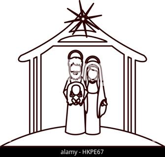 monochrome contour with virgin mary and saint joseph with baby in arms under manger vector illustration Stock Vector