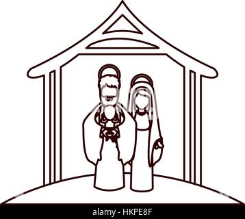 monochrome contour with virgin mary and saint joseph with baby in arms under manger vector illustration Stock Vector