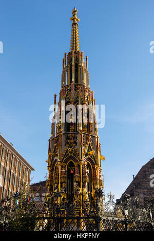 Schoene Brunnen or Beautiful Fountain in Hauptmarkt Square. Nuremberg, Bavaria, Germany Stock Photo