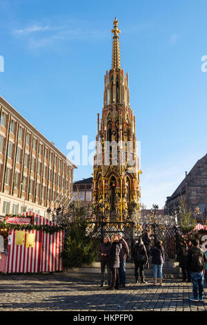 Schoene Brunnen or Beautiful Fountain in Hauptmarkt Square. Nuremberg, Bavaria, Germany Stock Photo