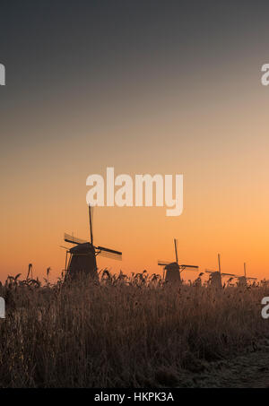 Winter sunrise over the windmills at the Kinderdijk UNESCO World Heritage Site in the Netherlands Stock Photo