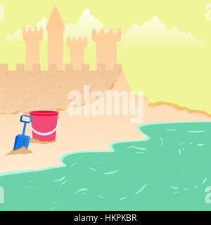 Summer fun sand castle at the beach with toy bucket shovel. Stock Vector