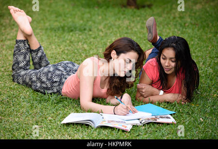 students girls laying and learning on green grass Stock Photo