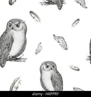 Hand drawn isolated  black white seamless pattern owl fly bird. Stock Photo